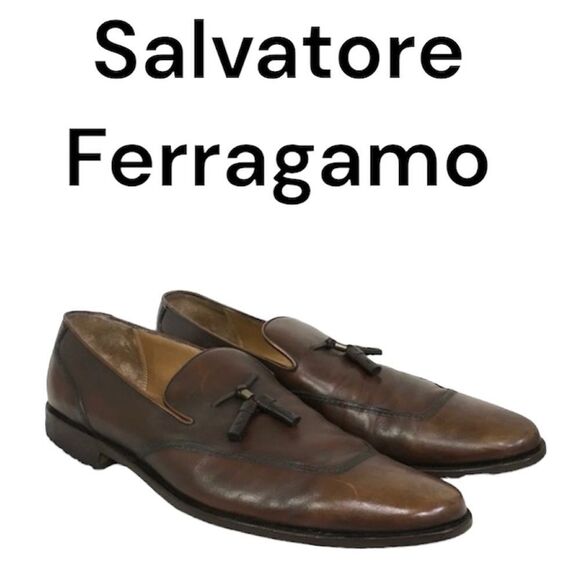 Salvatore Ferragamo Almond Toe Leather Braided Tassel Slip-On Loafer Brown 10.5